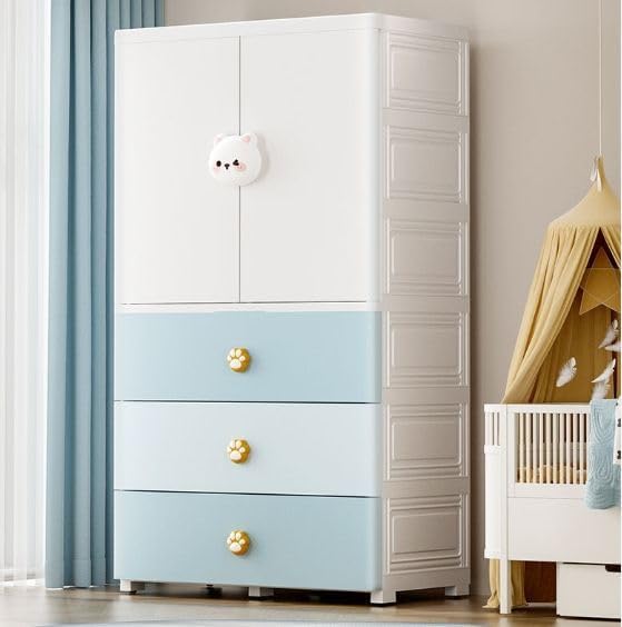 Image of Portable Collapsible Wardrobe for Kids Plastic Storage - Cloth Organizer Cupboard /Multipurpose Storage /Closet for Bedroom /Living Room /Easy to Assemble Room & Home (Blue Bear)