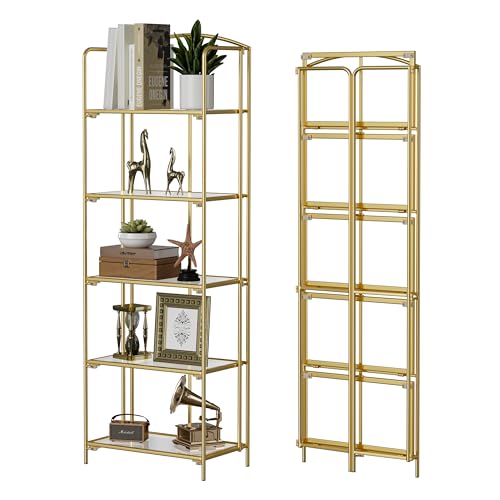 Crofy No Assembly Folding Bookshelf for Living Room, 5 Tier Gold Collapsible Book Shelf for Home...
