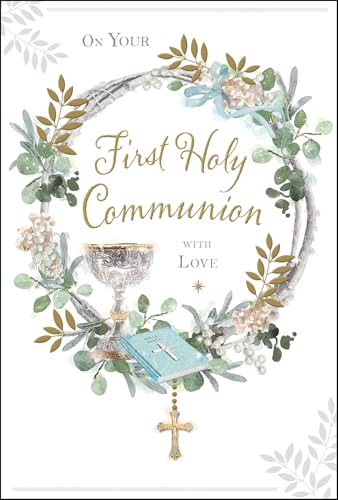 Jonny Javelin First Holy Communion Congratulations Card for Men or Boys - Communion Congratulations Card with Artistic Chalice Bible and Wreath Design and Embossed Foil Details