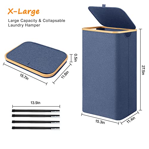 Brian & Dany Laundry Basket With Lid, Large Collapsible Laundry Baskets With Bamboo Handles, Laundry Hamper With Removable Bag Liner For Bathroom And Bedroom - Blue #TOP1