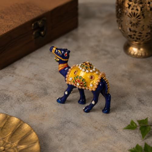 Image of eCraftIndia Handcrafted Decorative Camel Showpiece for Home Decor | Traditional Rajasthani Camel Figurine with Stone & Pearl Embellishments | Tabletop Decorative Accent for Living Room & Office