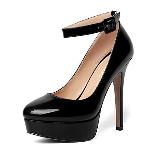 MOVINSTEPS Womens Ankle Strap Sexy Evening Patent Buckle Platform Round Toe Stiletto High Heel Pumps Shoes 5 Inch
