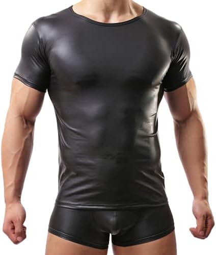 Crongless Men's Sexy Leather T-Shirt Slim Nightwear Tops Wet Look Undershirt Black (Black, L)