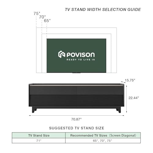 Image of POVISON Fully-Assembled Mid Century Glossy Sintered Stone Tabletop TV Stand with Legs, Wood Media Console with Adjustable LED Light for 65-inch TVs, Entertainment Center with Storage for Living Room