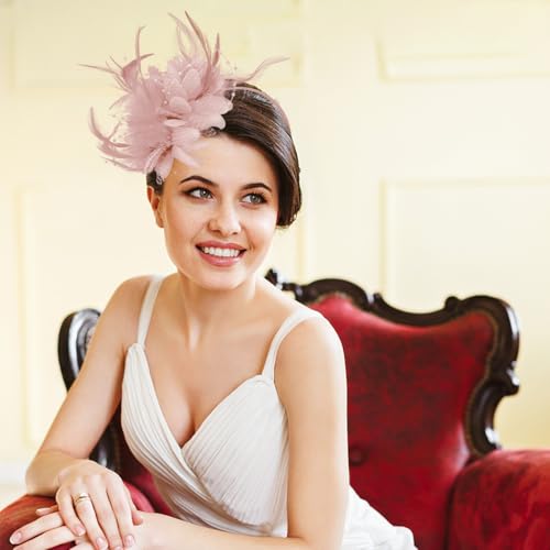 Ladies Fascinator Wedding Hat,Headdress Feather Mesh Hair Accessories Faux Flowers Head Flowers Retro Fascinators Hat Flower Mesh Ribbons Feathers On A Headband Wedding Prom Women Girls(Peach Pink) - Image 5