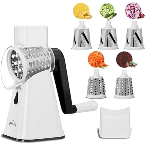 HOMELUX Drum Grater, 3-in-1 Vegetable Cutter, Cheese Grater with Crank, Vegetable Slicer with 3 Drum Blades, Multifunctional Grater Cover