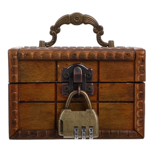 CALLARON Retro Wooden Storage Box with Handle Vintage Jewelry Organizer and Escape Room Prop Decorative Lockable Small Storage Case for Rings and Earrings 4.7 X 3.1 X 3.1 Inches