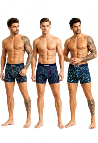 Image of BONO Men Cotton Blend Printed Trunk Combo Anti-Bacterial Moisture Wicking No Marks Stretchable Regular Fit Waistband Underwear Pack of 3 (Darkblue-Multicolor-TurquiseBlue-M)