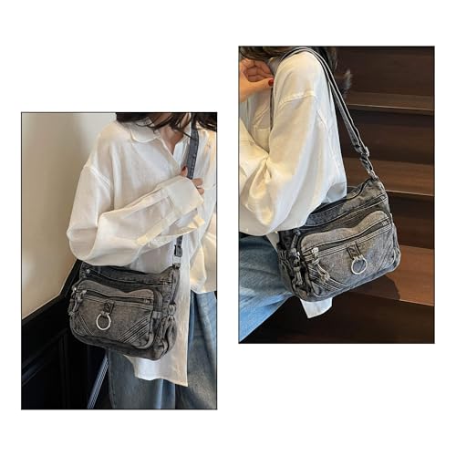 Retro Denim Crossbody Bag for Women, Lightweight Multi-Pocket Tote, Adjustable Strap Metal Zipper Purse2