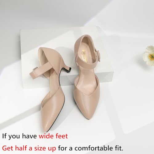 Image of RIBONGZ Comfortable Kitten Heels for Women Pointed Closed Toe Ankle Strap Buckle Heels Slip on Low Heel Church Pumps Wedding Bridal Party Dressy Shoes