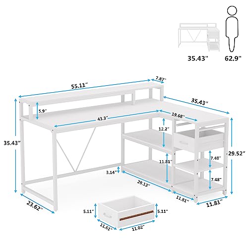Image of Tribesigns 55-inches Reversible L Shaped Desk with Drawer, Modern White L Corner Desk Home Office Table with Storage Shelves and Monitor Stand, Wooden and Metal PC Desk for Small Space