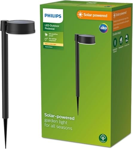 Philips Vynce, Lampe de chemin solaire d'extérieur, ronde, 1,5 W, 2 700 K, noire, IP44 résistante aux intempéries