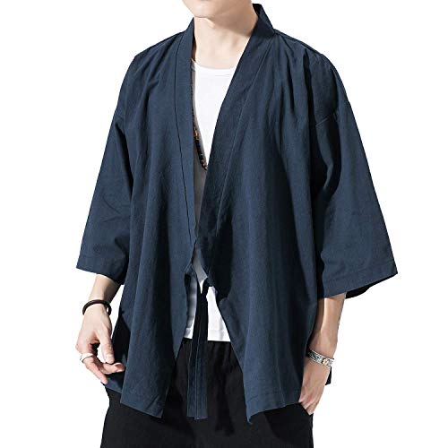 Image of PRIJOUHE Men's Kimono Jackets Cardigan Lightweight Casual Cotton Blends Linen Seven Sleeves Open Front Coat Outwear