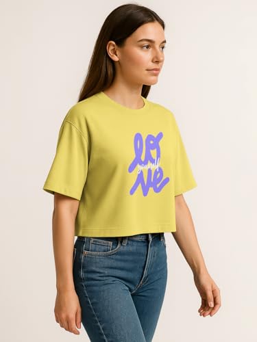 Image of HELLCAT Beige Printed Loose Fit Crew-Neck Crop T-Shirt for Women