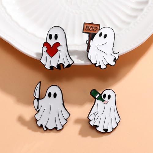 Image of Halloween Cute Ghost Brooches Lapel Pins for Women Funny White Love Heart Boo Ghost Pins Lapel Collar Jeans Hats Shirt Jackets Backpacks Badge Brooches Pins for Women Halloween Holiday Accessory Jewelry