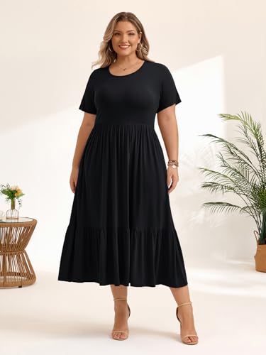 Image of LARACE Plus Size Dresses for Women Summer Casual Short Sleeve Long Dress Flowy Maxi Beach Dresses with Pockets L-6XL