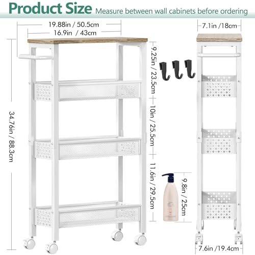 Image of Vivihomety Utility Slim Storage Cart, 4 Tier Small Rolling Kitchen Laundry Room Cart with Wood Top, Metal Bathroom Storage Cabinet Mobile Shelf Unit Organizer Trolley with Handle for Narrow Space