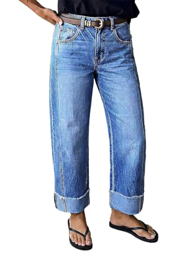 Flamingals Mid Rise Straight Leg Jeans for Women Wash Seam Front Roll Raw Hem Denim Pants Without...