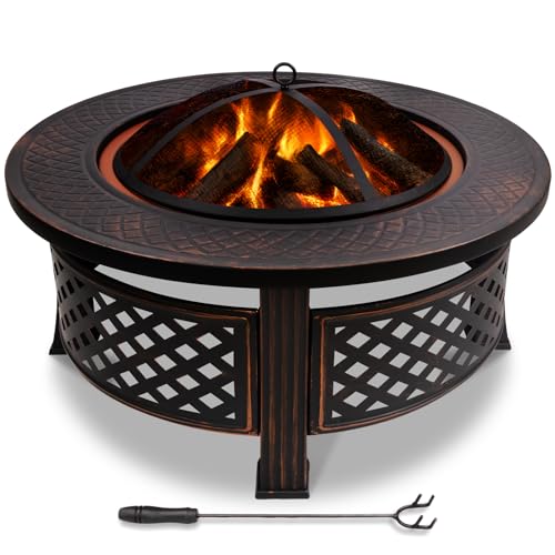 VOUNOT® Feuerschale Ø 81 cm mit Funkenschutz und Schürhaken Metall Feuerkorb Feuerstelle für den Garten, Terrasse, Heizung und Camping, Schwarz VOUNOT® Feuerschale Ø 81 cm mit Funkenschutz und Schürhaken Metall Feuerkorb Feuerstelle für den Garten, Terrasse, Heizung und Camping, Schwarz