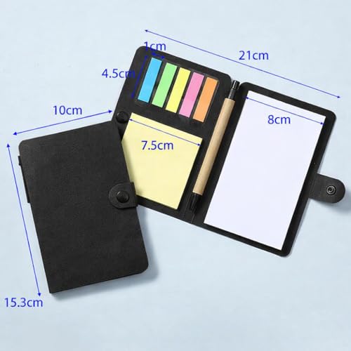 Image of AccuPrints Compact Sticky Notes Organizer with Pen Holder Black Paper Cover Colorful Sticky Tabs Button Closure 15.3x10cm
