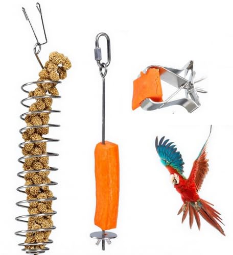3 spiedini per dolcetti per uccelli, porta cibo da appendere per parrocchetti, porta bastoncini per frutta e verdura in acciaio inossidabile, giocattoli da appendere per uccelli che cercano cibo