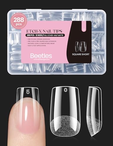 Beetles Gel Nail Tips Etch-X, Square Short, 288Pcs 12 Sizes, Pre-Etched Half Matte Full Cover Soft Acrylic Press on False Nail Tips Easy DIY Glue On Nail Extension Salon Gift for Women Girls