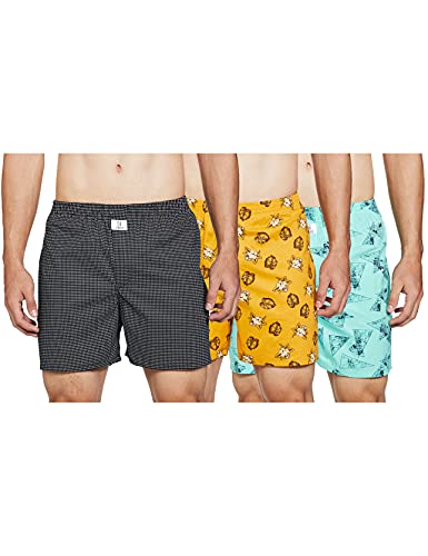 Image of Longies Pure Cotton Mens Boxers Pack of 3 Regular Shorts (LGBOXPO3V003 Blue,Yellow,Black3369 M)