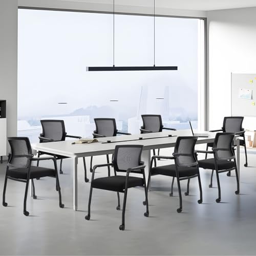 Image of KLASIKA Waiting Room Chairs with Wheels, Adjustable Mesh Backrest, Desk Chair with Ergonomic Lumbar Support and Thickened Seats Cushion, 8 Pack Black