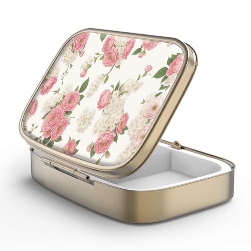 Image of Pill Case Pill Box with Mirror Retro 2 Compartment Small Pill Case for Purse or Pocket Bronze Rectangular Pill Box or Vitamins, Fish Oil, Supplements, Pill Containe Travel Gifts(Retro Pink Floral)