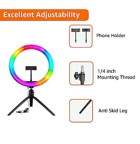 Image of Amazon Basics 10-Inch LED RGB Ring Light with Table Top Tripod Stand and hot Shoe Adapter for Photo-Shoot, Video Shoot, Live Stream, Makeup & Vlogging, Compatible with iPhone /Android Phones & Camera