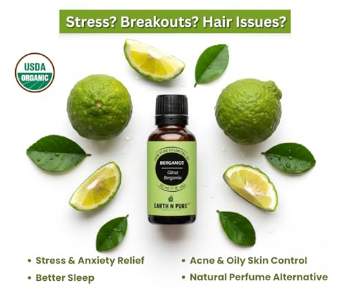 Image of Earth N Pure Bergamot Essential Oil | 100% Pure Natural Therapeutic Grade | Steam Distilled Citrus Bergamia Peel Oil | For Diffuser, Aromatherapy, Skin Care, Hair Care & DIY | 15ml
