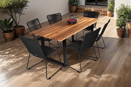 SAM 7tlg. Outdoor-Tischgruppe 180 x 90 cm Avila, Akazienholz massiv & geölt, Esstisch mit U-Gestell schwarz lackiert, echte Baumkante, viergeteilte 26mm Platte + 6X Seilstuhl ISRA in Schwarz