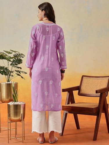 Image of Ada Lucknow Chikankari Hand Embroidered Faux Georgette Kurta Kurti Tunic Dress for Women A95504