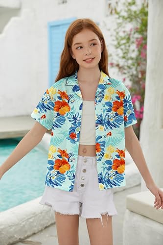 Image of SANGTREE Girls & Women's Hawaiian Shirts Button Down Short Sleeve Floral Tropical Shirt Beach Vacation Blouse Tops