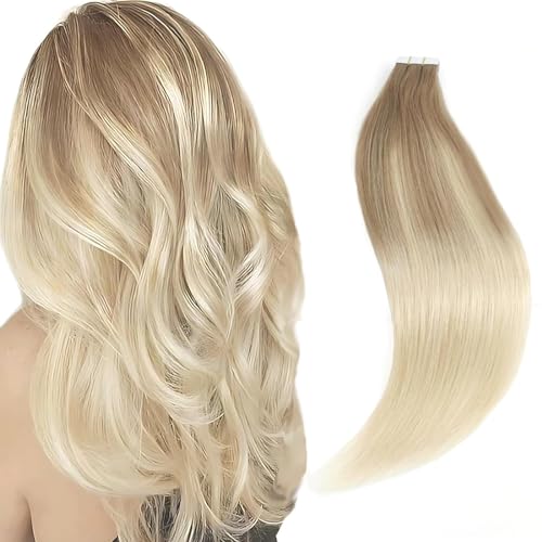 Image of Sixstarhair Invisible Tape In Hair Extensions Real Human Hair Balayage Blonde with Light Chestnut Brown Fading to Platinum Blonde Hair Extensions 20 Pcs 50g [Color #B8-60 18 inch]