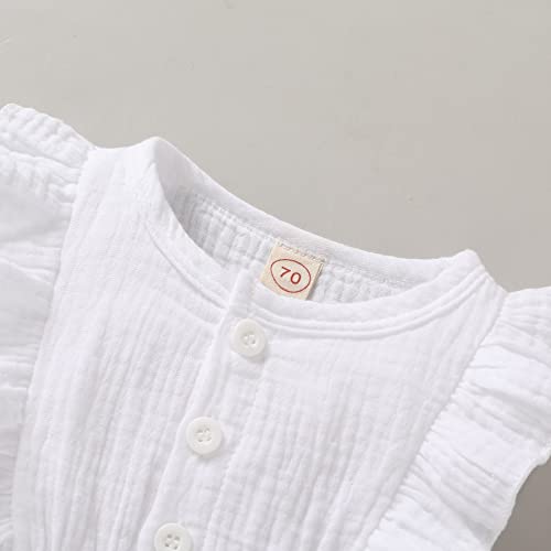 YOUNGER TREE Toddler Baby Girl Ruffled Sleeveless Romper Casual Summer Jumpsuit Cotton Linen Clothes (Button-White, 6-12 Months)