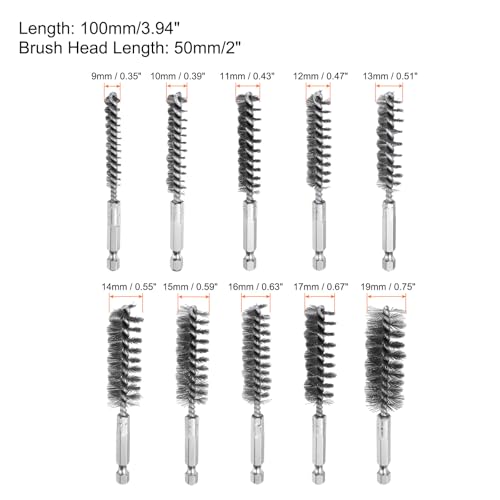 Image of HARFINGTON 10Pcs Bore Brush Set for Drill Different Bristle Lengths Stainless Steel Twisted Wire Cleaning Drill Wire Brush with 1 /4 inch Hex Shank for Tubes