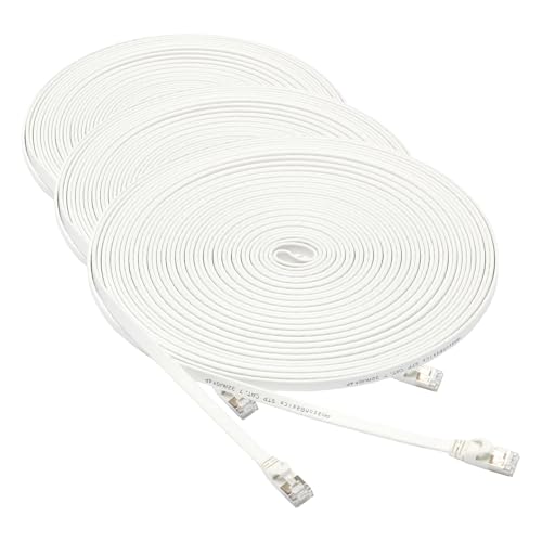 Image of Amazon Basics RJ45 Cat 7 Ethernet Patch Cable, Flat, 600MHz, Snagless, Gold Plated, LAN Network, Includes 20 Nails, 50 Foot, White (Pack of 3)