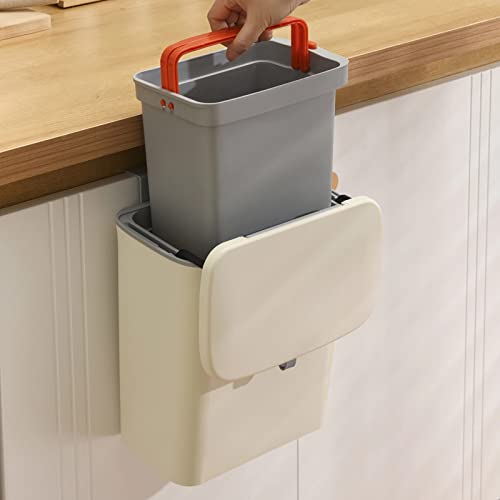 FARI 2-in-1 Küchen-Mülleimer mit Schiebedeckel, Mülleimer unter der Spüle, 9 L Abfalleimer mit Innenfass, tragbarer Mülleimer zum Aufhängen mit klebrigem Haken und Schaber (Beige) – Bild 6