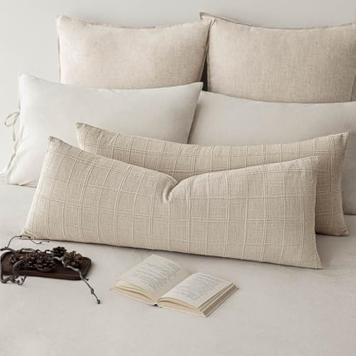 Image of Foindtower Set of 2 Decorative Linen Check Throw Pillow Covers Neutral Long Body Lumbar Cushion Covers Farmhouse Vintage Home Decor for Sofa Chair Couch Bedroom Living Room,14x36 Inch,Natural Linen