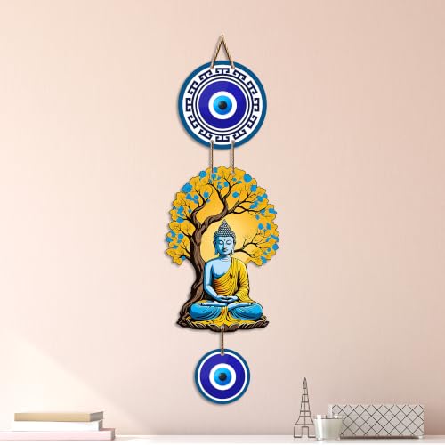 Image of Artvibes Buddha Under Bodhi Tree Wall Hanging with Evil Eye Protection Charm | Spiritual Meditation Decor for Peace | Harmony and Positive Energy | Wall Art for Living Room | Yoga Room (WH 8595N)