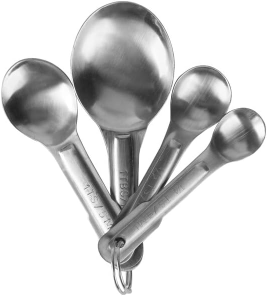 4-Piece Stainless Steel Measuring Spoon Set, Silver, Round Shape, Dishwasher Safe, with Storage Ring and Labeled Handles for Dry and Liquid Measuring