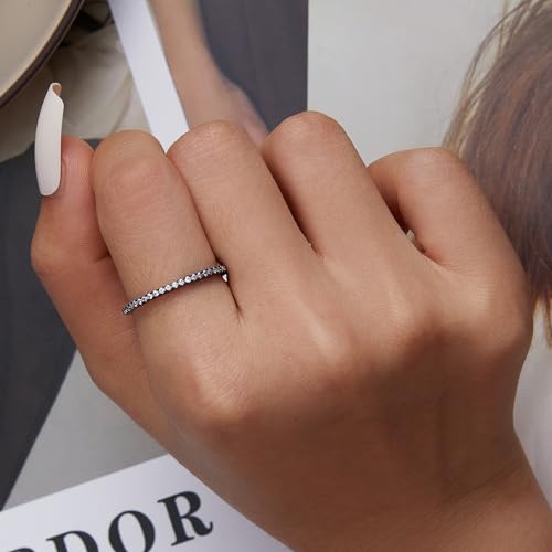 WOSTU 2MM Thin Band Eternity Rings 925 Sterling Silver Black Cubic Zirconia Egagement Rings Wedding Anniversary Stackable Rings Christmas Gifts for Her2