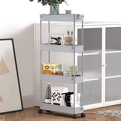 Image of SPACELEAD Slim Storage Cart 4 Tier,Bathroom Organizer Rolling Utility,Mobile Shelving Unit Slide Out for Office, Kitchen, Laundry Room & Narrow Places,Gray