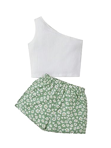 Image of SHENHE Girl's 2 Piece Outfits Ribbed One Shoulder Tank Top and Floral Shorts Set Green White 8Y
