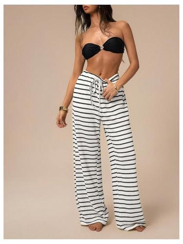 Women's Striped Pants Y2k Drawstring Waist Wide Leg Knitted Loose Trousers Going Out Pants4