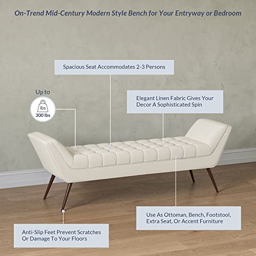 Image of BELLEZE 63 Inch Mid Century Modern Ottoman, Contemporary Upholstered Linen Fabric Bench with Wood Legs, Accent Furniture for Living Room, Bedroom, Entryway - Moreno (Natural)