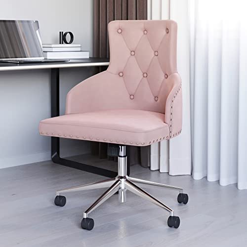 BELLEZE Modern Velvet Desk Chair for Home Office or Bedroom Vanity, Tufted Upholstered Seat with Slim Arms, Adjustable Height, Swivel, Wheels - Belden (Pink)