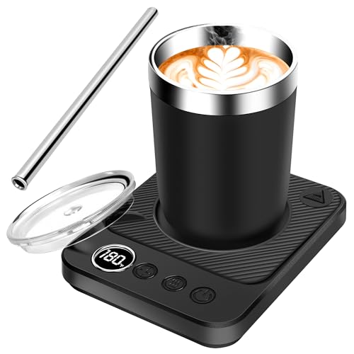 Coffee Mug Warmer Plate 13oz Cup and stainless steel straw, 36W Electric Smart Cup Mug Heater, 6-Temp Settings, 12H Timer, Gifts for Women and Men,Warming and Heating Coffee,Beverage,Candles,Tea,Cocoa