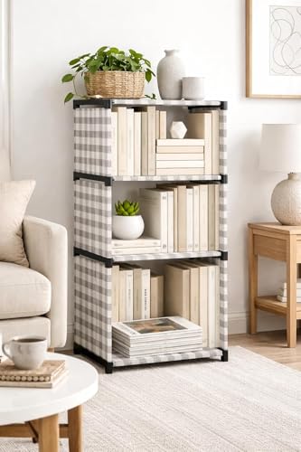 Image of 4-Tier Book Rack Bookshelf, Multi-Level Storage Organizer for Books, Magazines, Office Supplies, Space-Saving Design,Black Frame with Grey Check Pattern with Heavy Fabric Cover Modular Storage Shelf